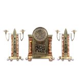 A LATE 19TH CENTURY ARTS AND CRAFTS / SECESSIONIST STYLE BRASS AND WROUGHT COPPER CLOCK GARNITURE