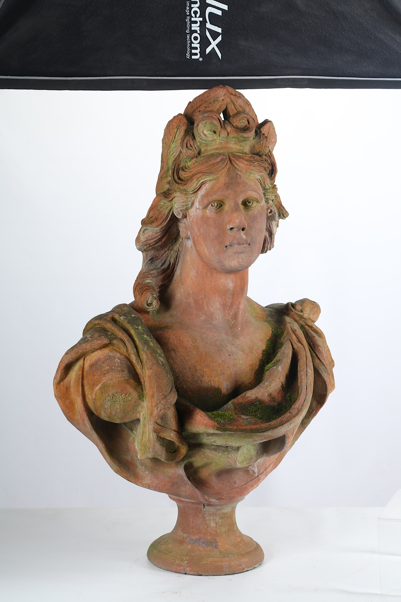 AN 18TH CENTURY STYLE LIFE-SIZE TERRACOTTA BUST OF PEACE looking to dexter and wearing a laurel - Image 2 of 4