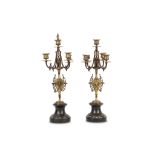 A PAIR OF LATE 19TH CENTURY MARBLE AND BRASS CANDELABRA with baluster stems issuing five branches