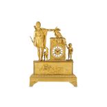 A LARGE EARLY 19TH CENTURY FRENCH EMPIRE PERIOD GILT BRONZE FIGURAL CLOCK DEPICTING APOLLO, BY PONS,