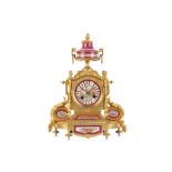 A LATE 19TH CENTURY FRENCH GILT BRONZE AND SEVRES STYLE PORCELAIN MANTEL CLOCK  the case