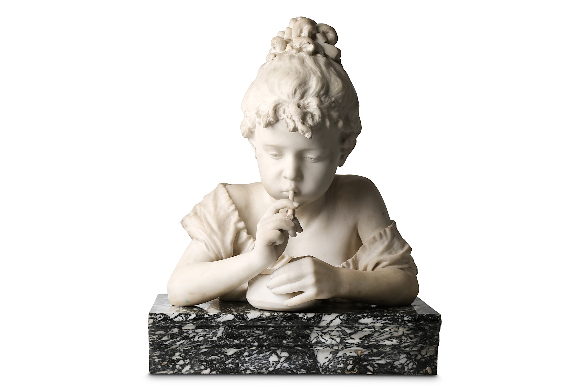 LOT TORELLI (ITALIAN, 1835-1896): 'SOAP BUBBLES', A MARBLE FIGURE OF A GIRL BLOWING BUBBLES ON A - Image 2 of 9