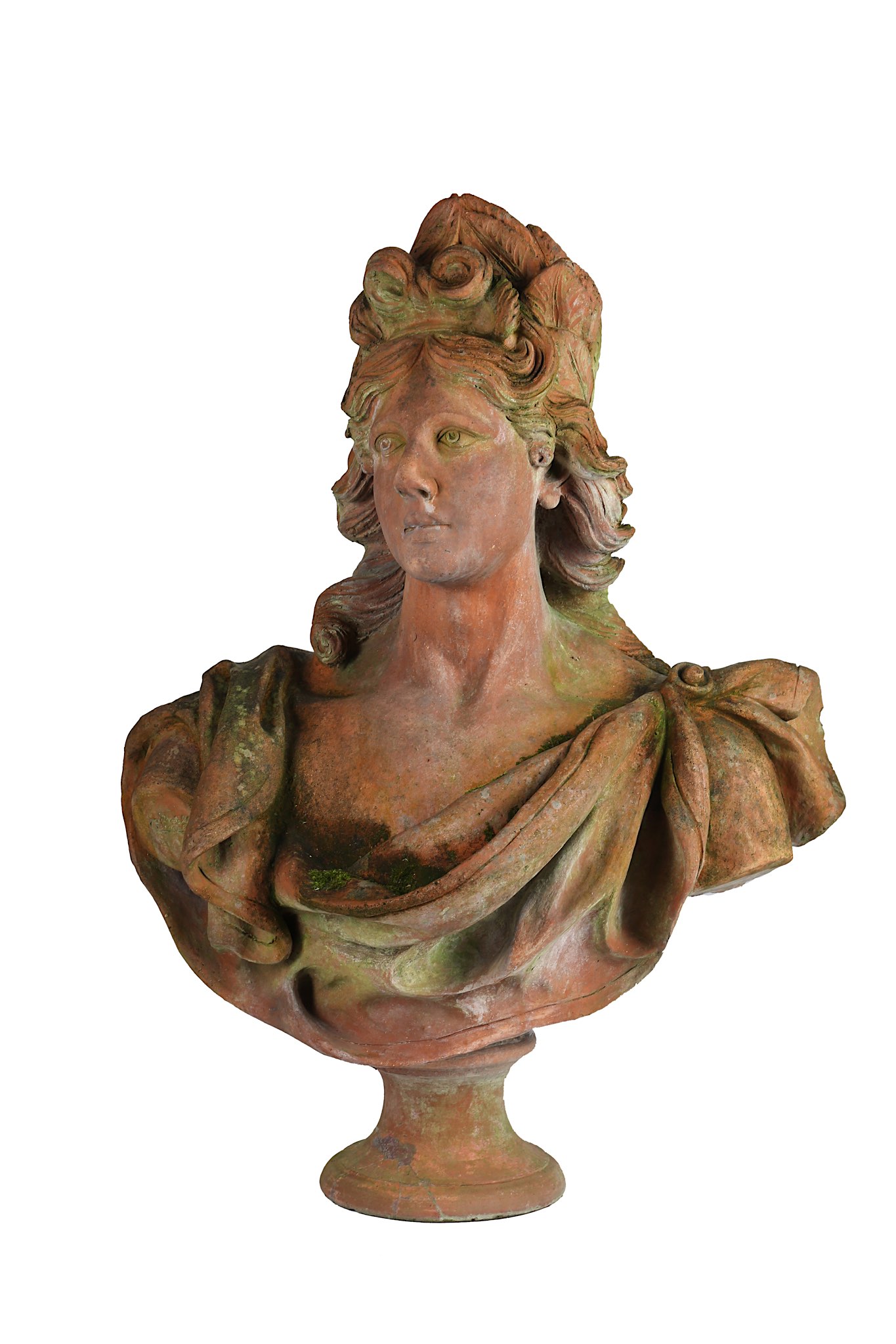AN 18TH CENTURY STYLE LIFE-SIZE TERRACOTTA BUST OF PEACE looking to dexter and wearing a laurel