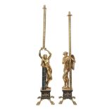 A PAIR OF LATE 19TH CENTURY FRENCH NEO-CLASSICAL STYLE GILT AND PATINATED BRONZE FIGURAL STANDING