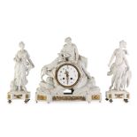 A LATE 19TH CENTURY FRENCH SEVRES STYLE BISQUE PORCELAIN AND GILT BRONZE MOUNTED FIGURAL CLOCK