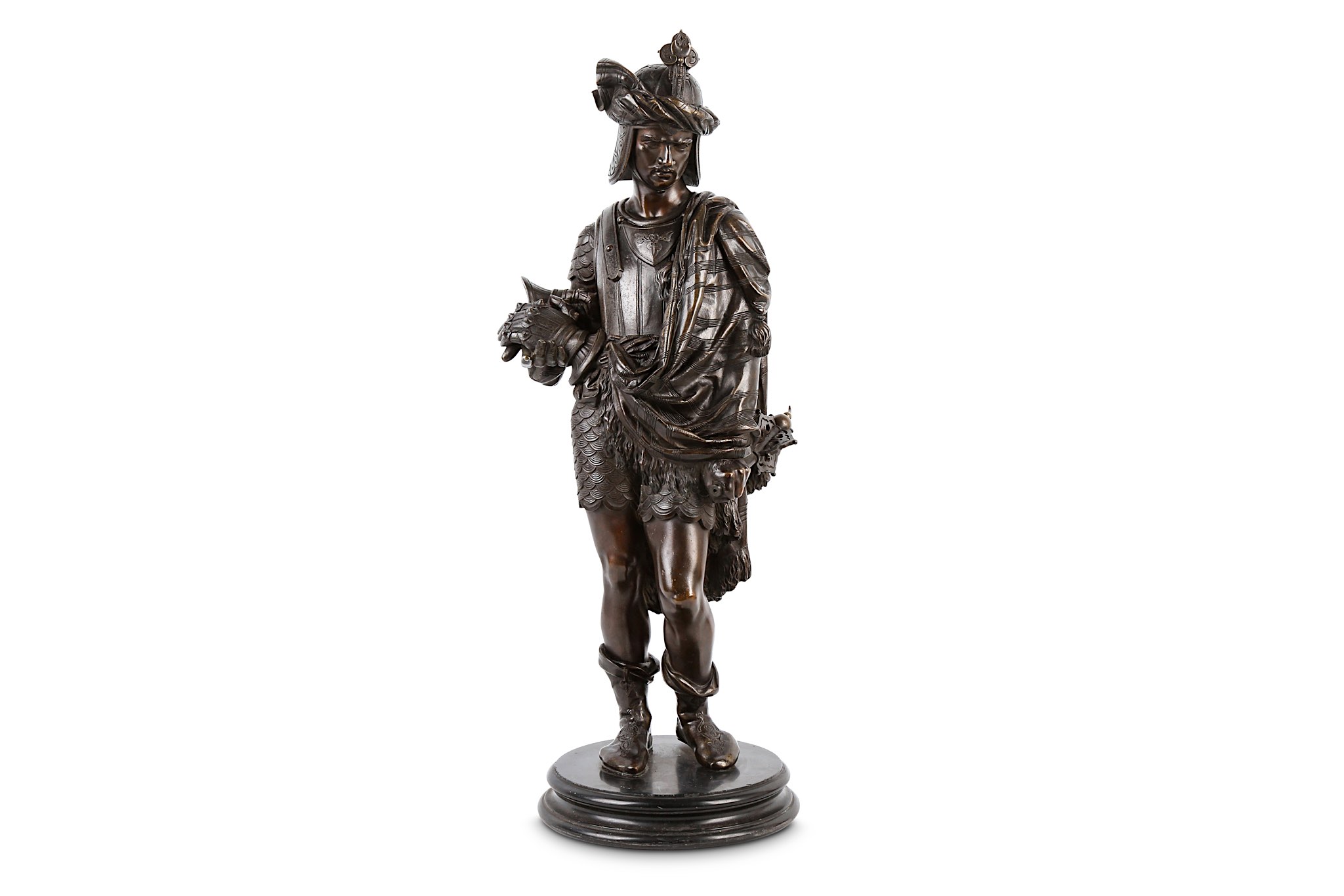 A LATE 19TH CENTURY FRENCH BRONZE FIGURE OF A MEDIEVAL WARRIOR Standing a contra-posto and holding