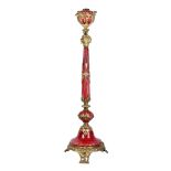 A LATE 19TH CENTURY COLOURED GLASS AND GILT BRASS STANDARD LAMP IN THE MANNER OF BACCARAT the