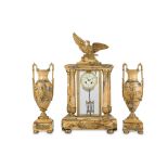 AN EARLY 20TH CENTURY FRENCH MARBLE AND GILT BRONZE CLOCK GARNITURE the four glass case surmounted