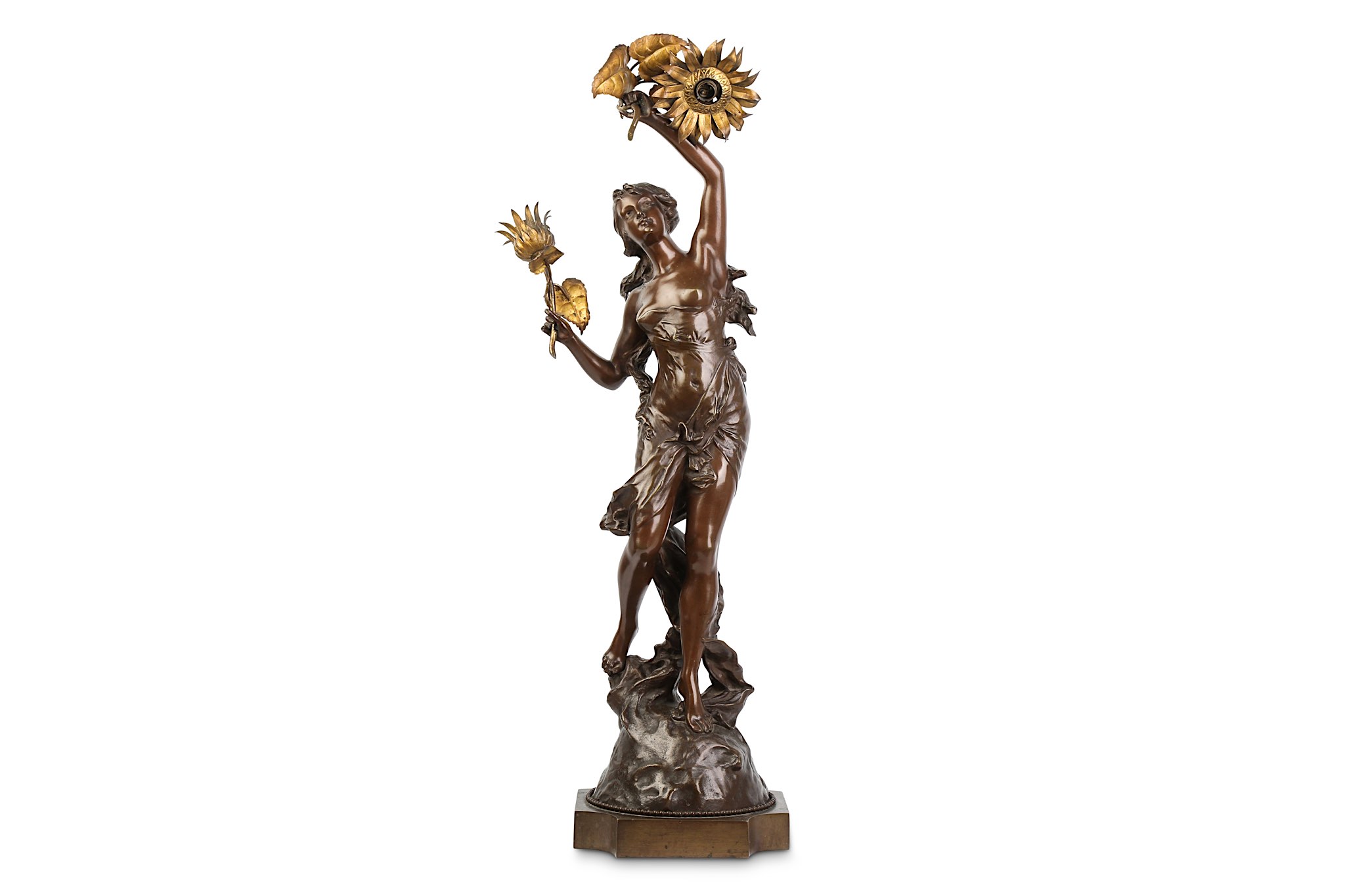 EDOUARD DROUOT (FRENCH, 1859-1945): A BRONZE FIGURE OF A SEMI-CLAD MAIDEN FITTED AS A LAMP BASE