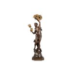 EDOUARD DROUOT (FRENCH, 1859-1945): A BRONZE FIGURE OF A SEMI-CLAD MAIDEN FITTED AS A LAMP BASE