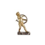 A 19TH CENTURY FIGURE OF A PUTTO PLAYING THE HORN, PROBABLY SILVER GILT, UNMARKED the standing