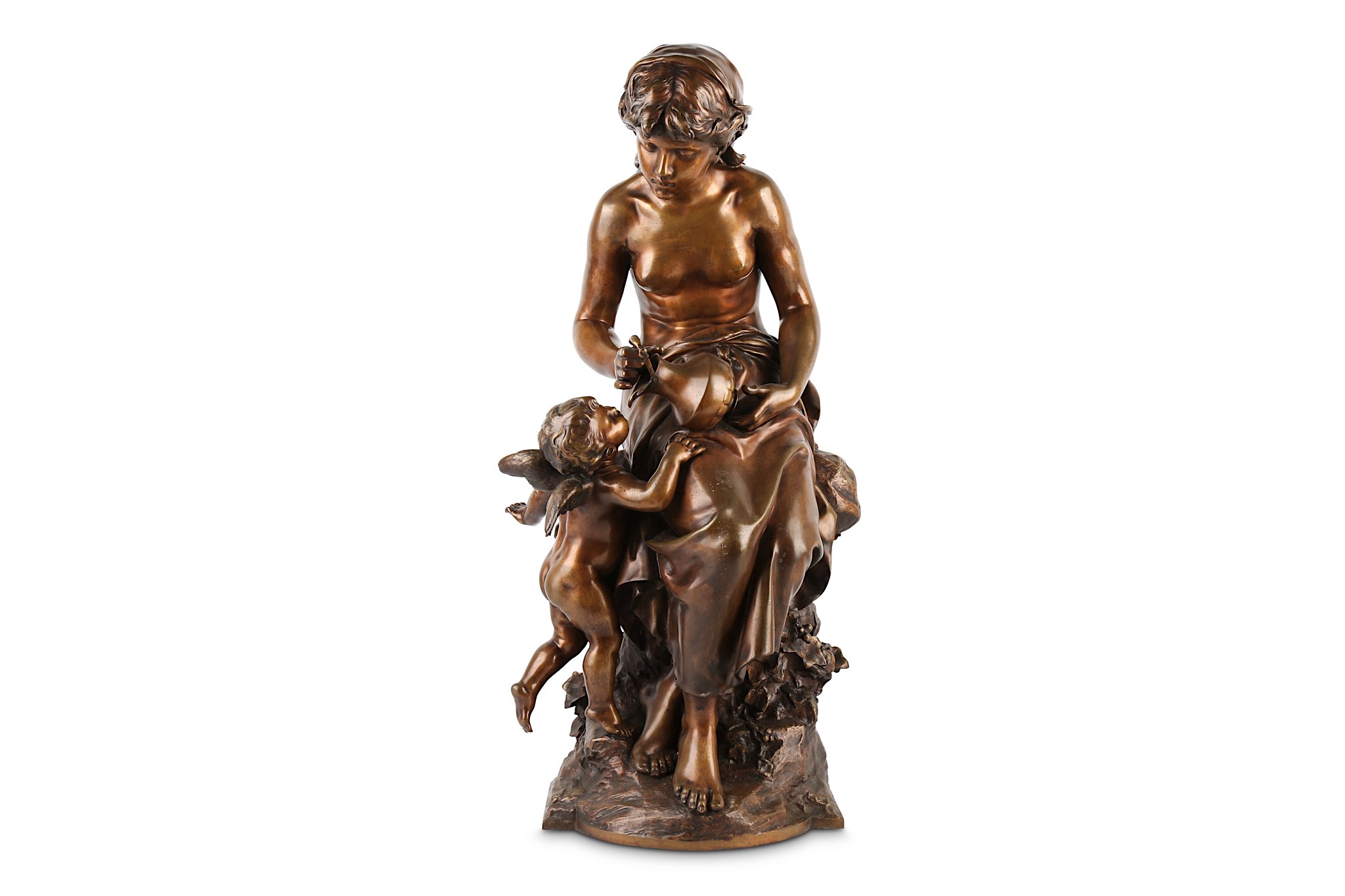 MATHURIN MOREAU (FRENCH 1822-1912): A LARGE BRONZE FIGURE DEPICTING A MAIDEN OFFERING WATER TO A