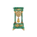 A LARGE 19TH CENTURY AND LATER EMPIRE STYLE MALACHITE AND GILT BRONZE MOUNTED PORTICO CLOCK modelled