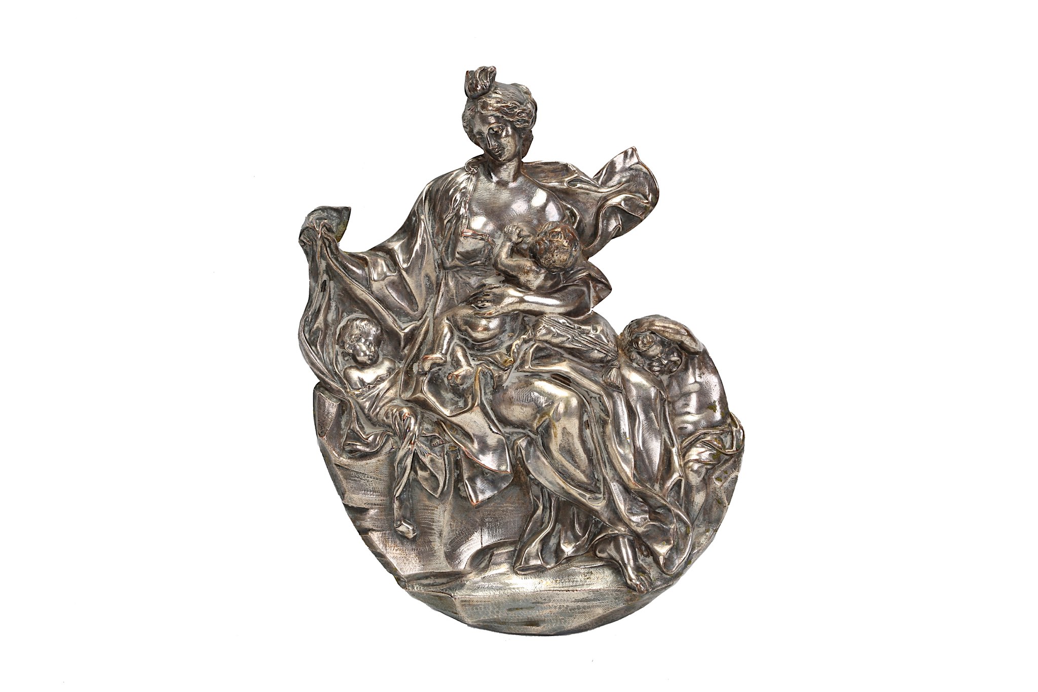 AN 18TH CENTURY ITALIAN SILVERED BRONZE RELIEF DEPICTING CHARITY the female allegorical figure