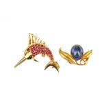 A ruby and diamond swordfish brooch and a syntheti