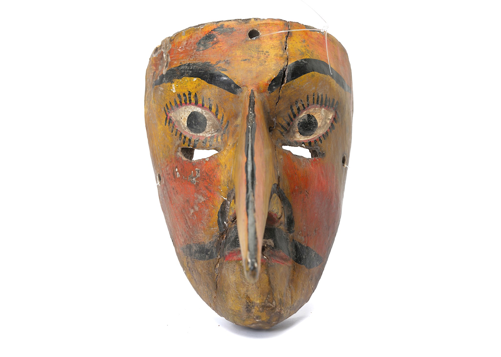 A MEXICAN WOOD MASK  A male caricature with comically enlarged pointed nose that protrudes from - Image 2 of 3