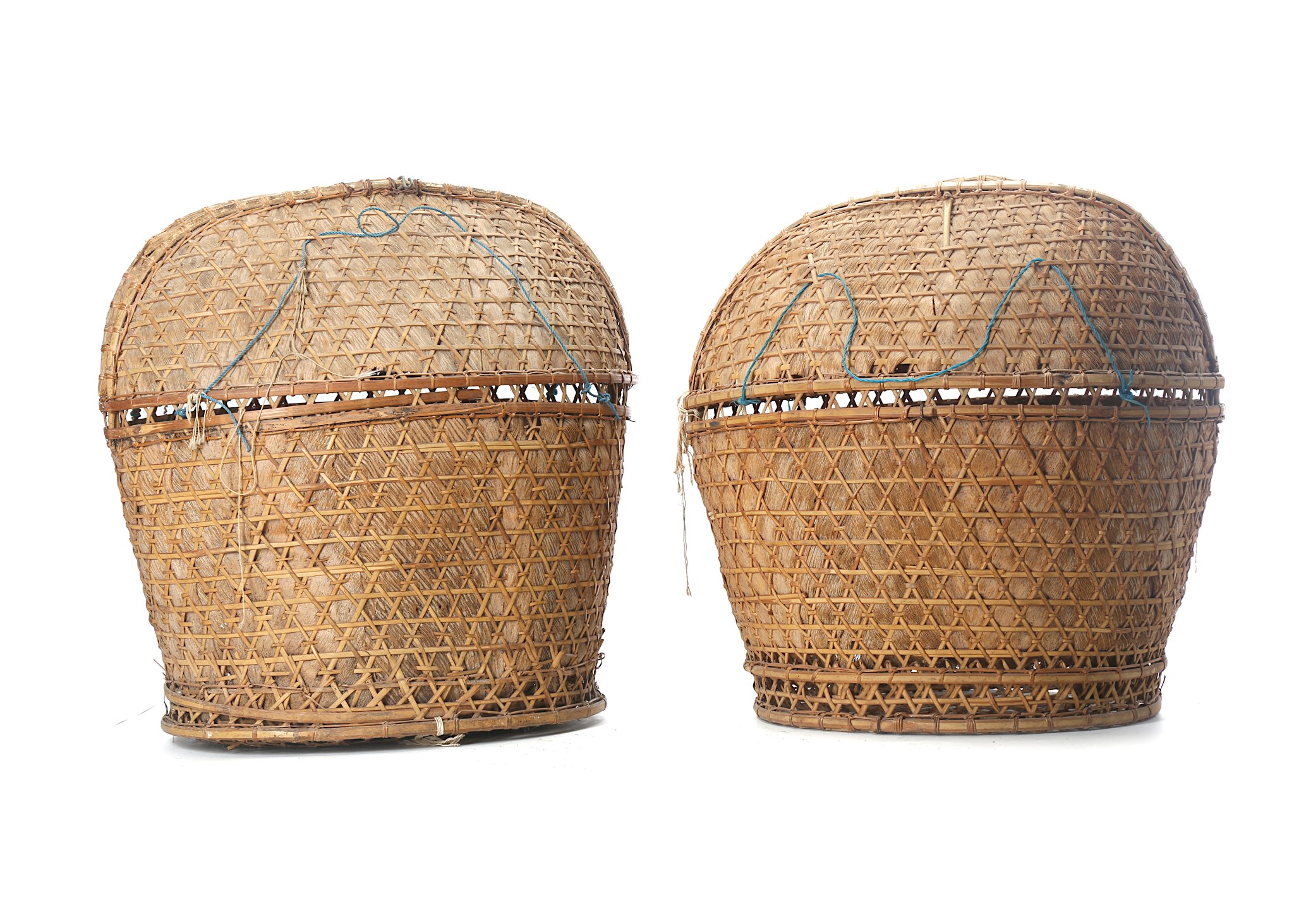 TWO BAMBOO AND RAFFIA LOBSTER BASKETS  Probably from Indonesia, with a flat base the body of the