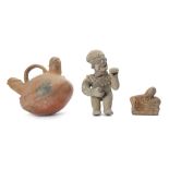 THREE TERRACOTTA VESSELS, PERU Including a small figure of a couple in an erotic pose, 9cm long, 8.