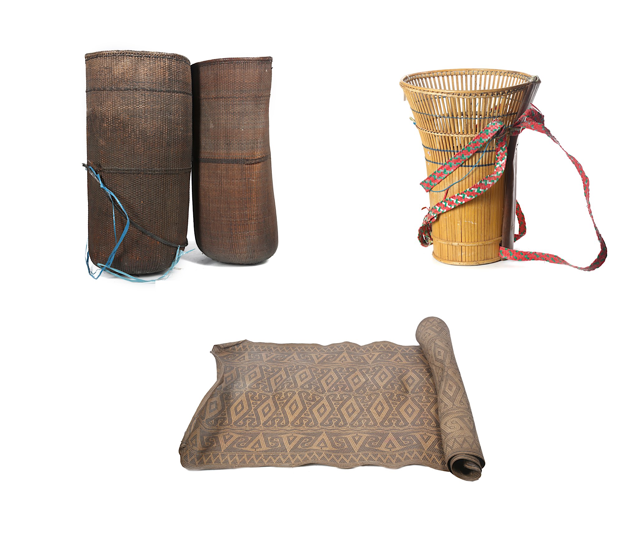THREE BASKETS AND A WOVEN MAT, BORNEO Probably from the Dayak tribe, one basket of bamboo strands
