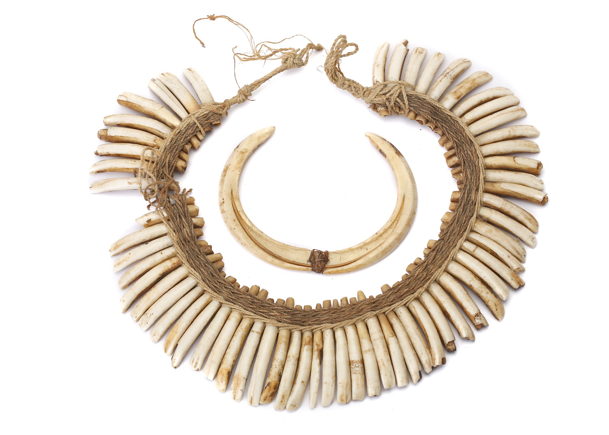A KOROWAI NOSE PIECE AND WILD BOAR TOOTH NECKLACE The nose piece formed of two pieces of carved bone