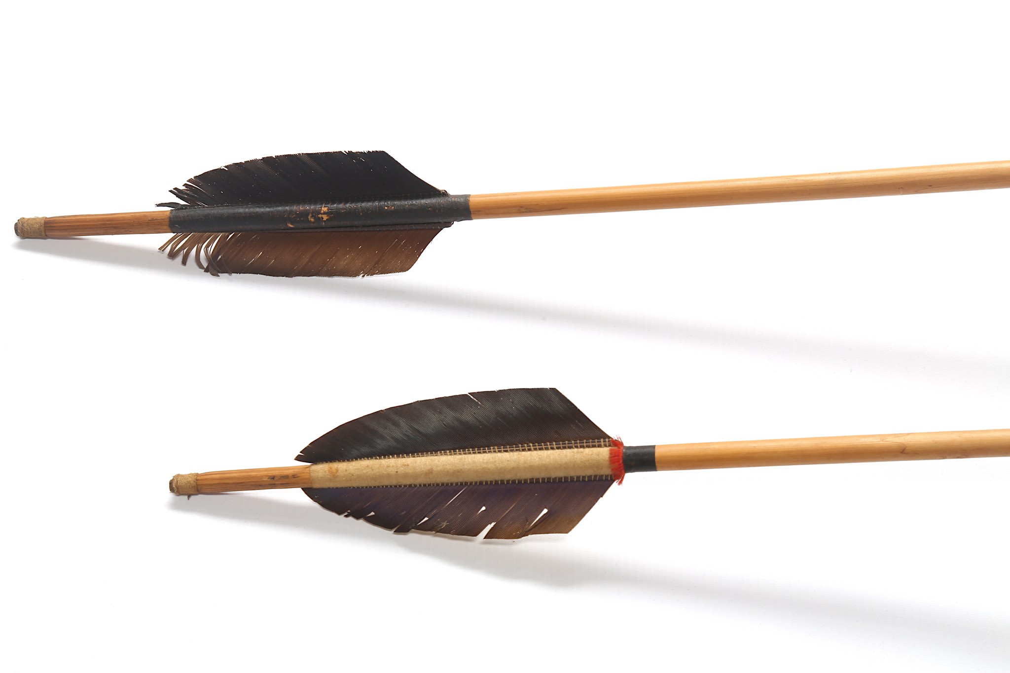 TWO FEATHERED ZO'E SPEARS, AMAZON Both with pointed tips in diamond shape with black painted