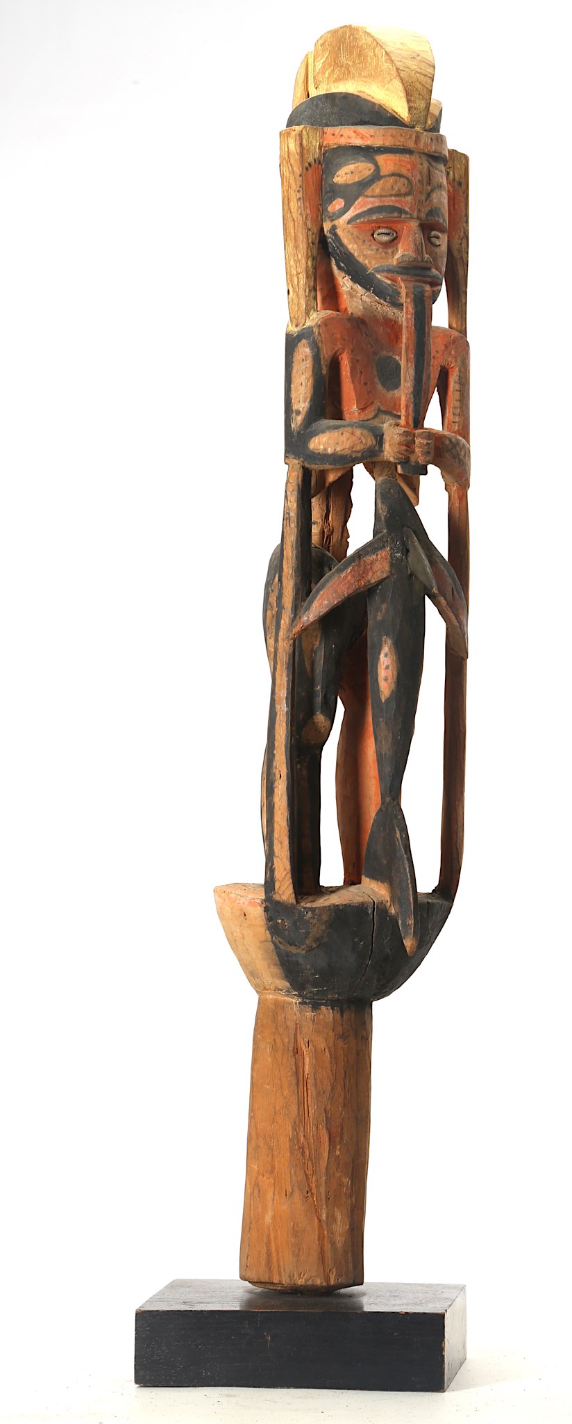 A PAINTED WOOD FIGURE, PAPUA NEW GUINEA Standing on a cylindrical base, the carved stylised figure - Image 2 of 6