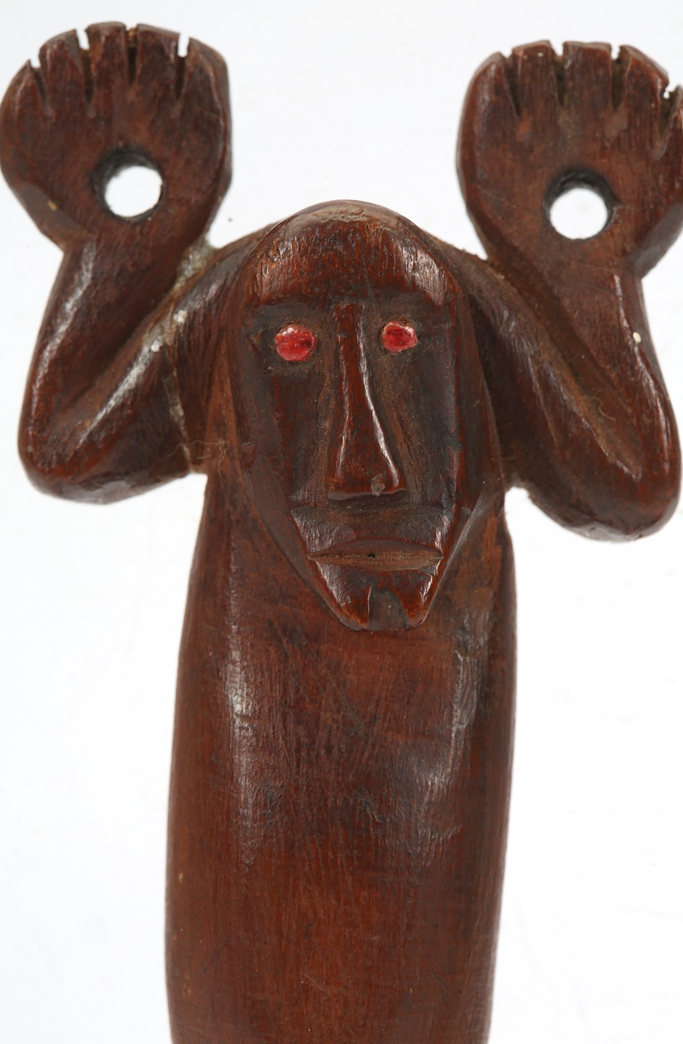 TWO POLYNESIAN WOOD FIGURES  One figure standing with arms raised, palms up, the palms pierced in - Image 4 of 4