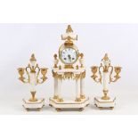 A French white marble and brass clock garniture