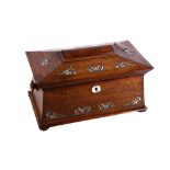 A Victorian mother of pearl inlaid rosewood sarcophagus tea caddy