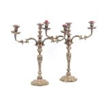 A pair of silver-plated three-branch Victorian candelabrum