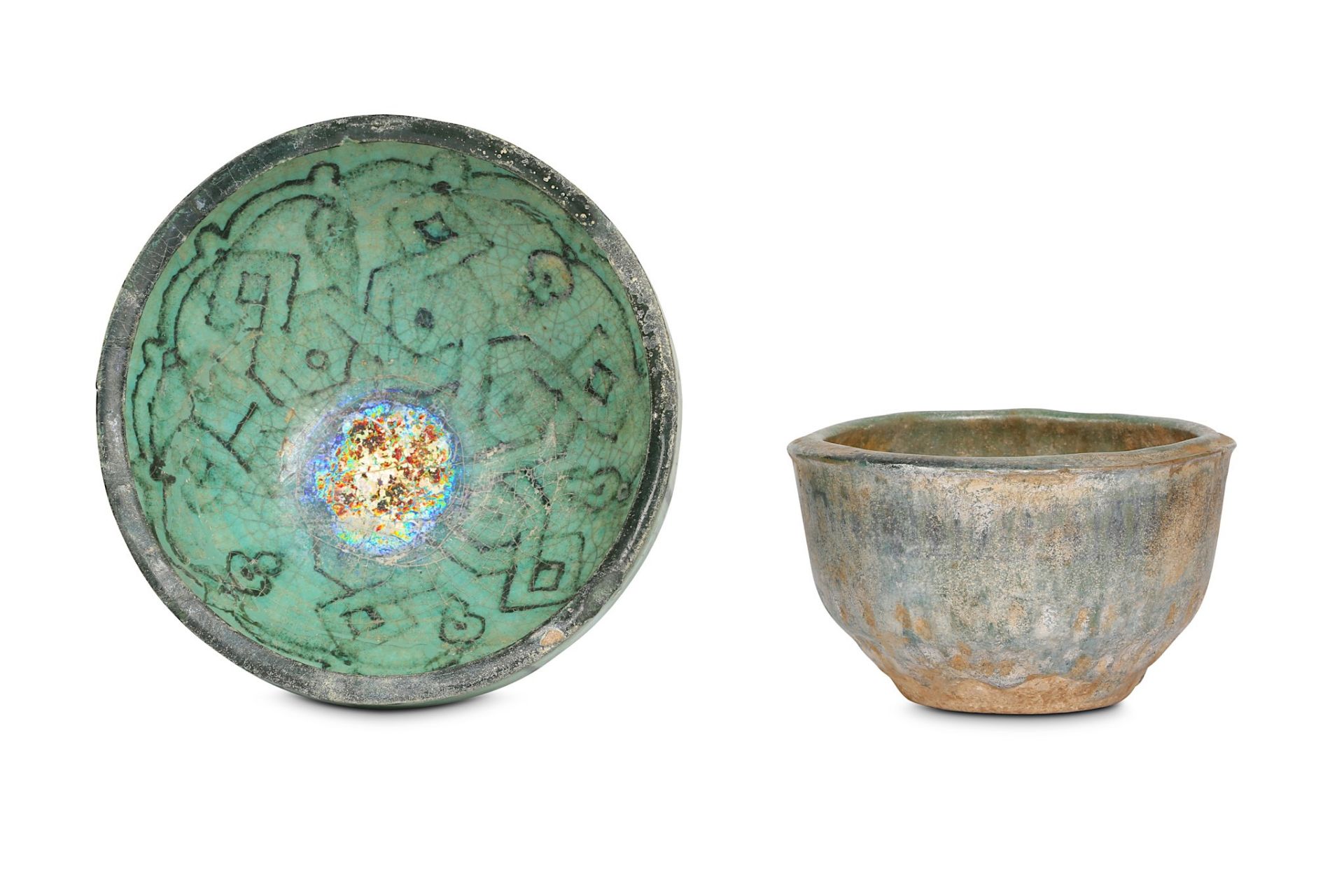 TWO TURQUOISE-GLAZED POTTERY BOWLS Kashan, Iran, 1