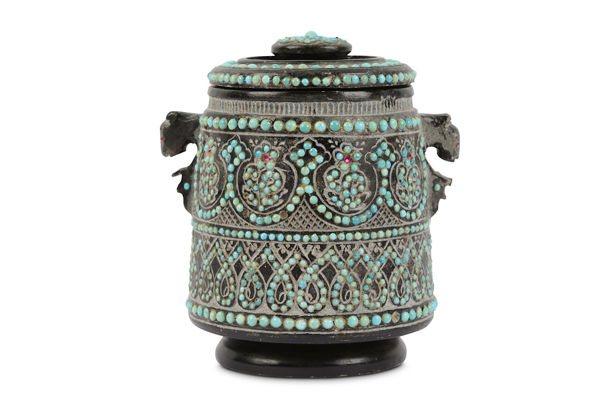 A TURQUOISE-ENCRUSTED CHAIDAN (TEA BOX) Iran, late 19th - early 20th century  Of cylindrical
