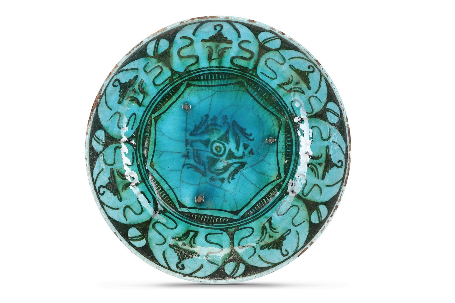 A BLACK AND TURQUOISE-GLAZED KUBACHI POTTERY DISH