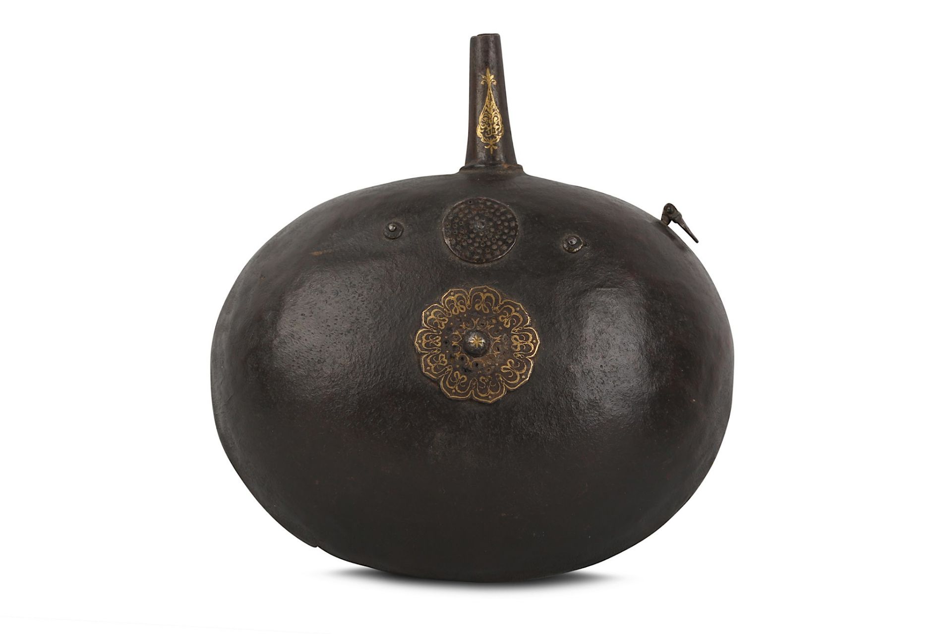 AN OTTOMAN POWDER FLASK Ottoman Turkey, 17th century Of oval form, clad in stretched dark-brown