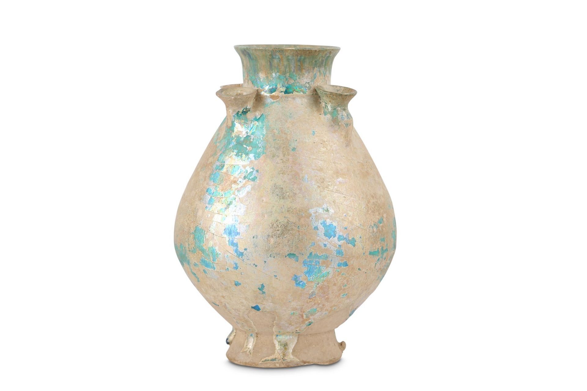 A TURQUOISE-GLAZED POTTERY VASE WITH FOUR SPOUTS Kashan, Iran, 12th - 13th century Of pyriform