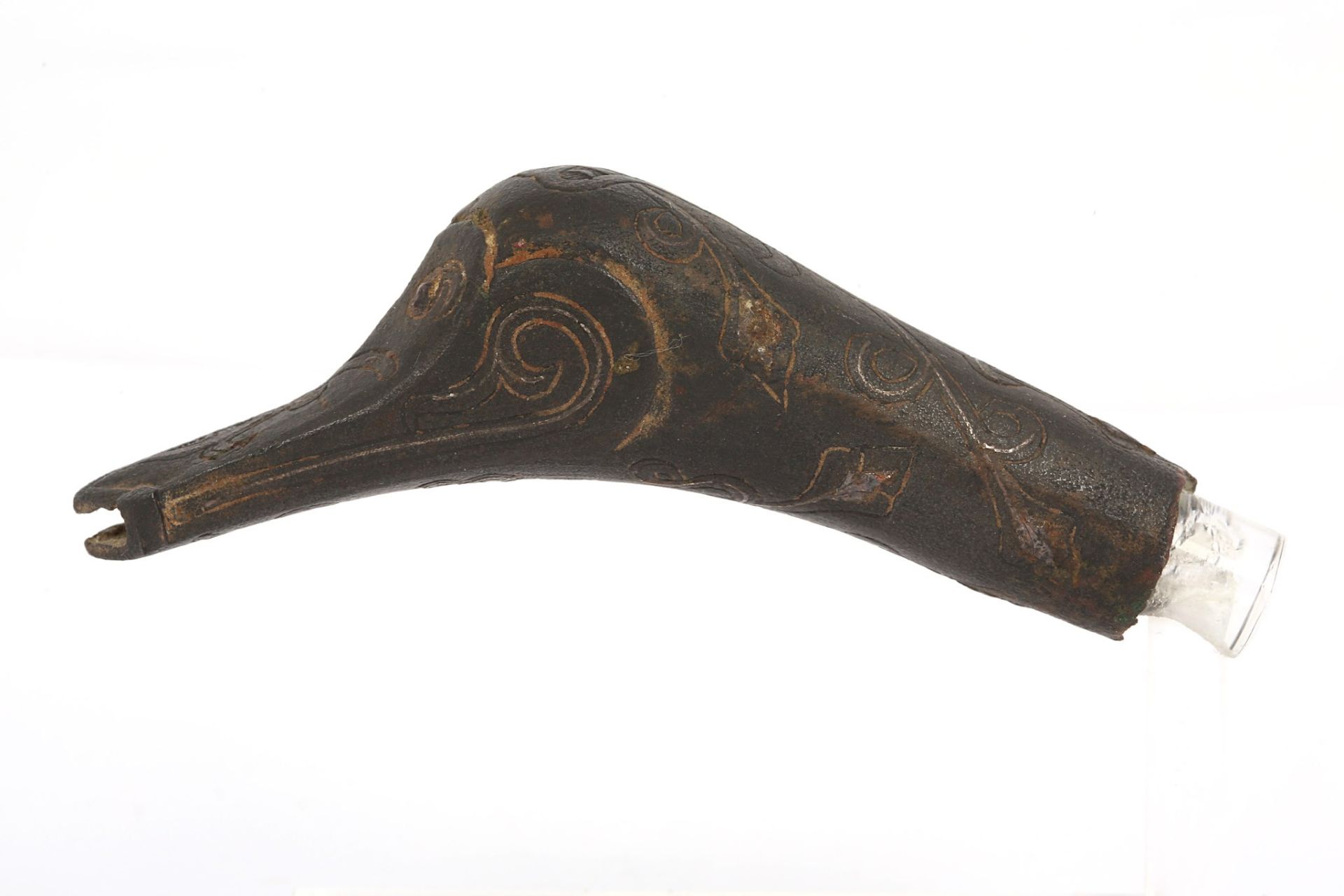 A BRONZE DUCK-SHAPED FINIAL Possibly Ilkhanid Iran, 14th century The cast finial designed as a - Image 3 of 3