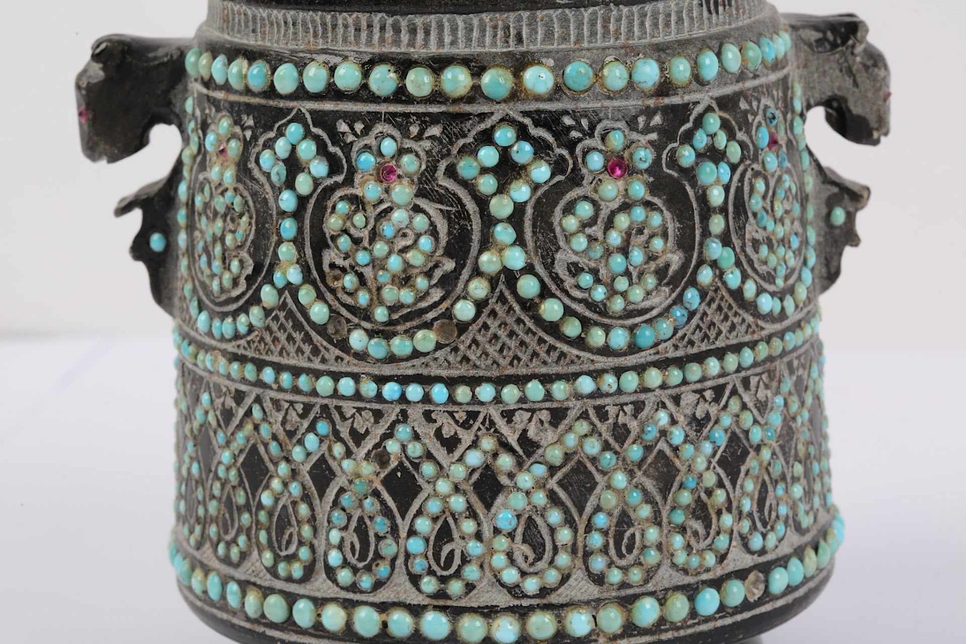 A TURQUOISE-ENCRUSTED CHAIDAN (TEA BOX) Iran, late 19th - early 20th century  Of cylindrical - Image 2 of 4