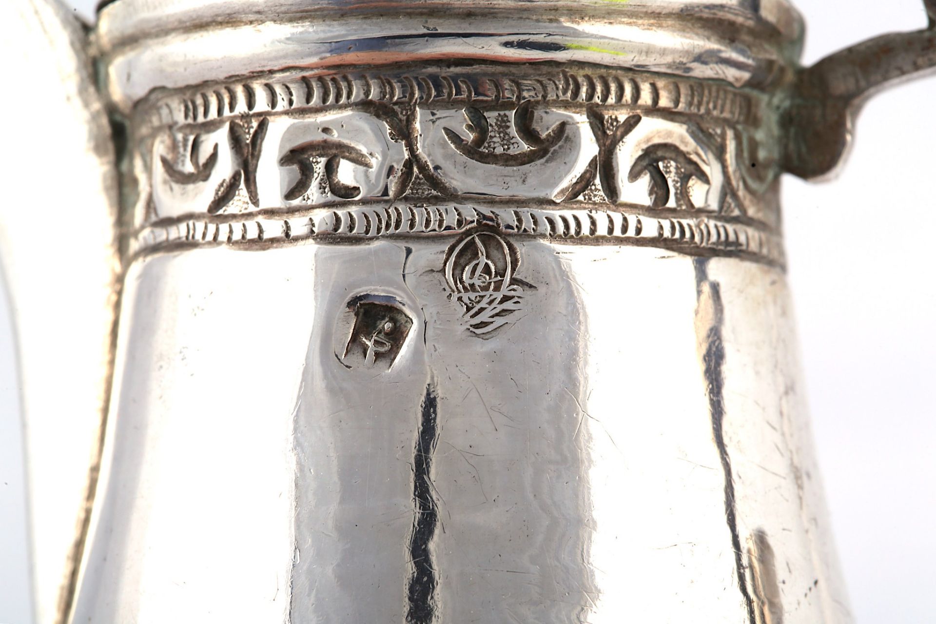 A SILVER COFFEE POT Ottoman Turkey, 19th - 20th century  Of pyriform shape, on short straight - Image 4 of 4