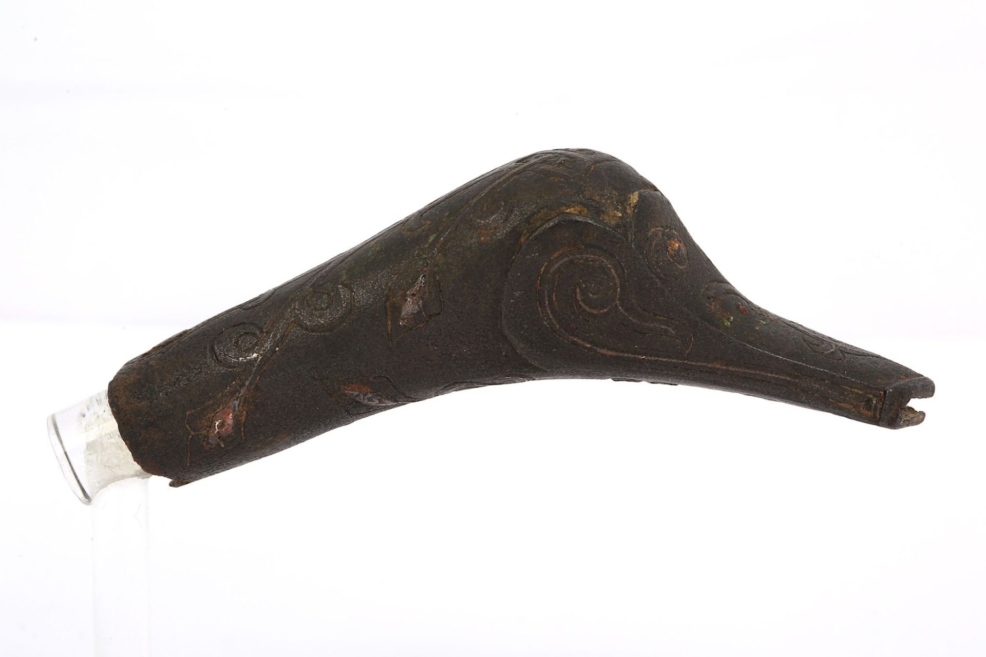 A BRONZE DUCK-SHAPED FINIAL Possibly Ilkhanid Iran, 14th century The cast finial designed as a - Image 2 of 3