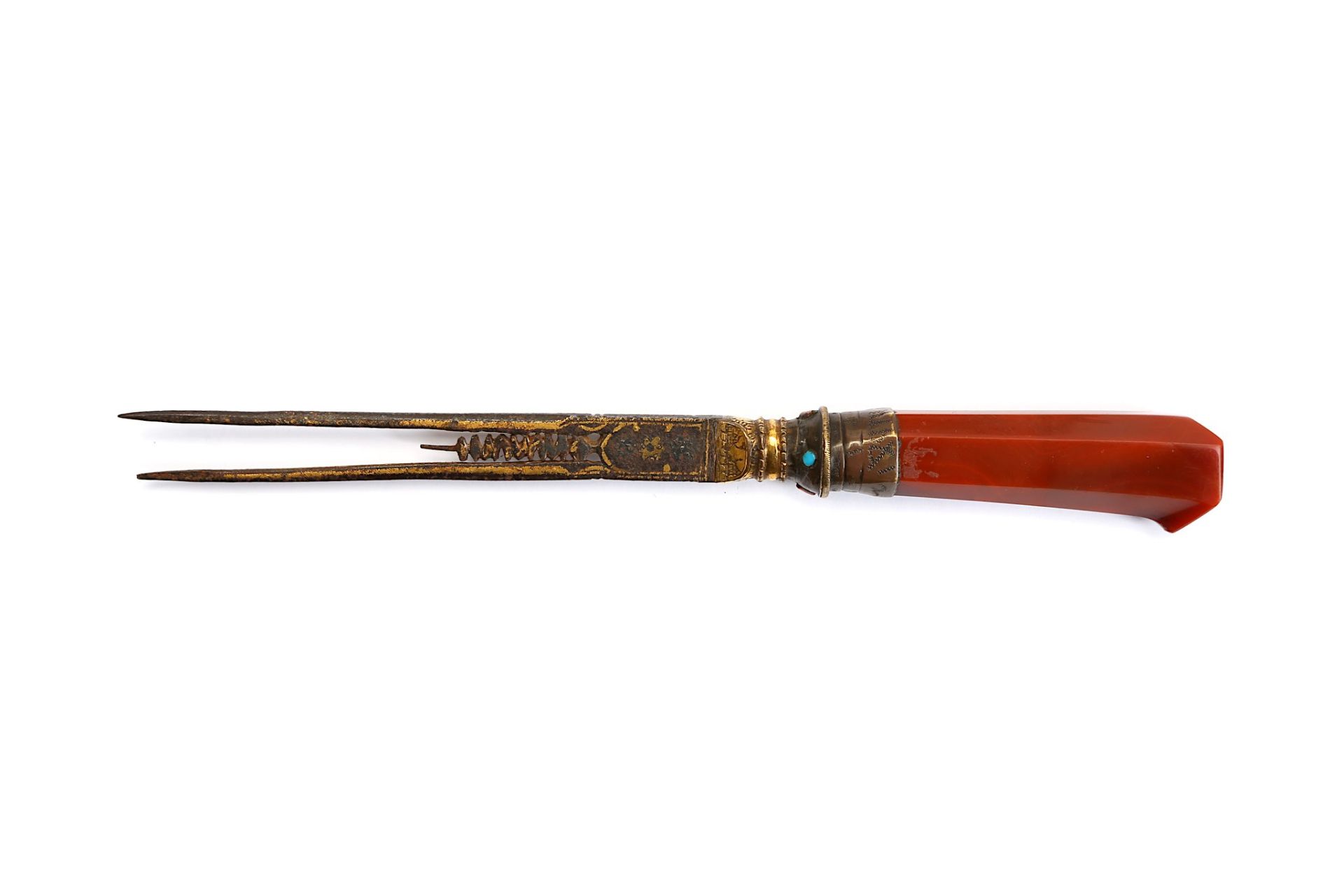 A FORK WITH CARNELIAN HANDLE  Ottoman Turkey, 19th century Of typical shape, with two lateral