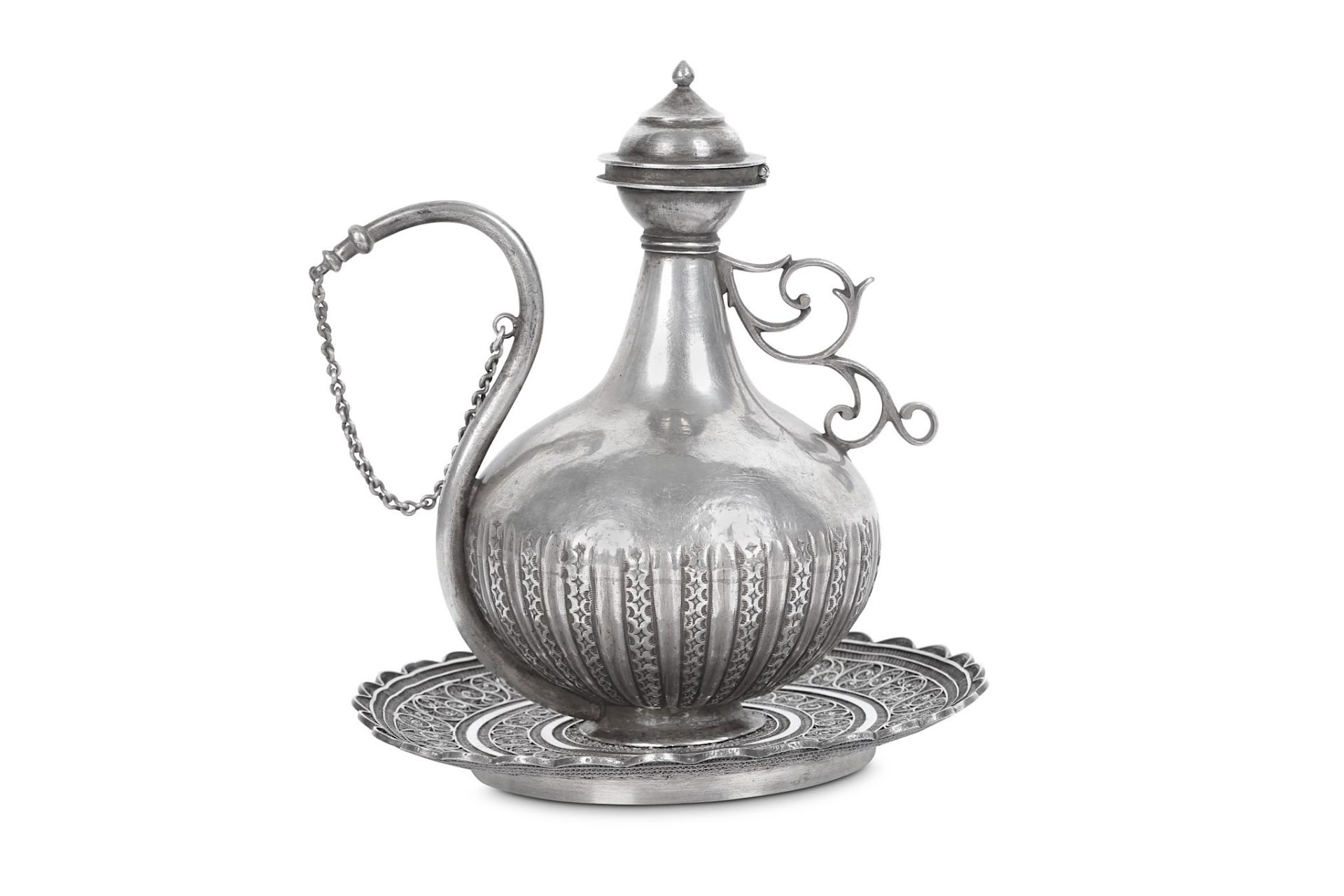 AN INDIAN SILVER WINE OR SPIRIT FLASK (CHUSKI) AND