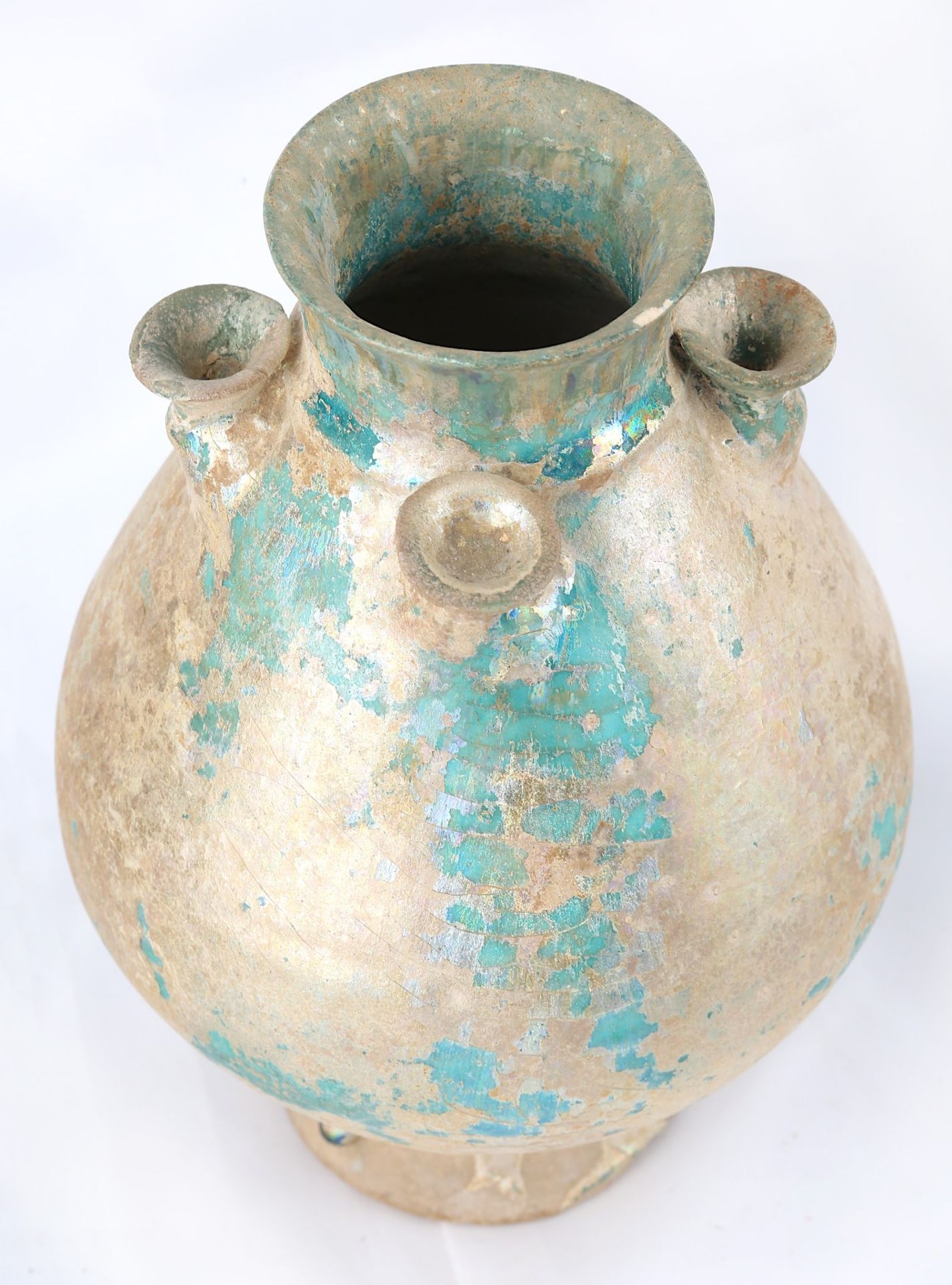 A TURQUOISE-GLAZED POTTERY VASE WITH FOUR SPOUTS Kashan, Iran, 12th - 13th century Of pyriform - Image 2 of 4