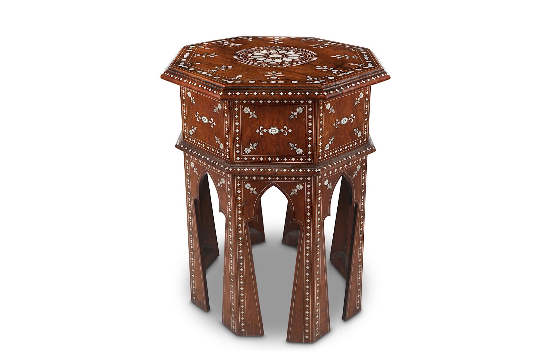 AN INDIAN BONE AND IVORY-INLAID OCCASIONAL TABLE India, early 20th century  Of hexagonal form, the