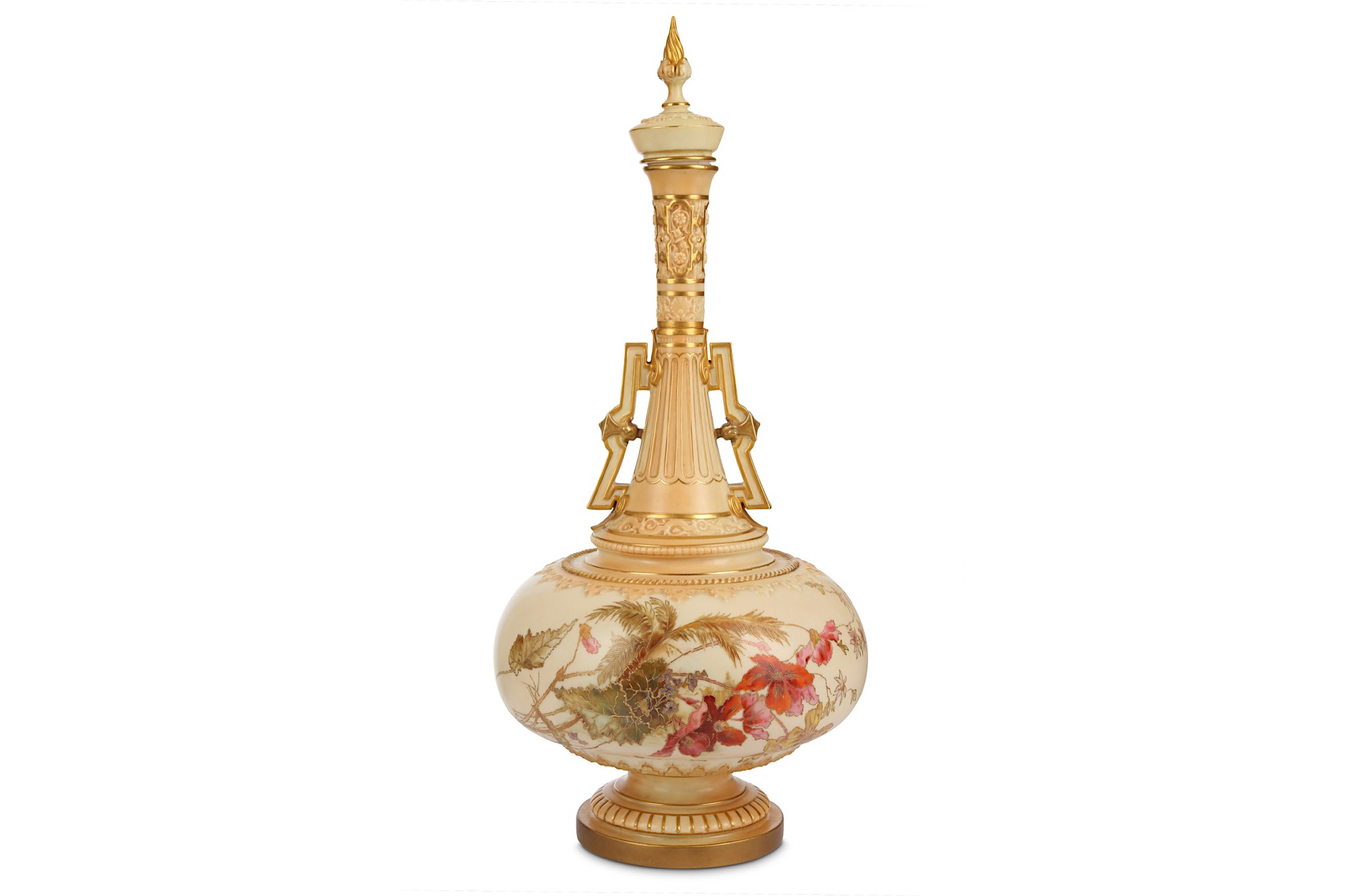 A ROYAL WORCESTER BLUSH IVORY TWIN-HANDLED VASE AND COVER, dated 1891, retailed by Richard Allen,