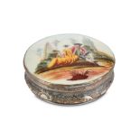 A SOUTH STAFFORDSHIRE ENAMEL AND TORTOISESHELL SNUFF BOX, circa 1765, of circular form with chased