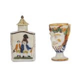 A PRATTWARE TEA CADDY AND A 'BACCHUS' FROG MUG, early 19th century, the caddy moulded with