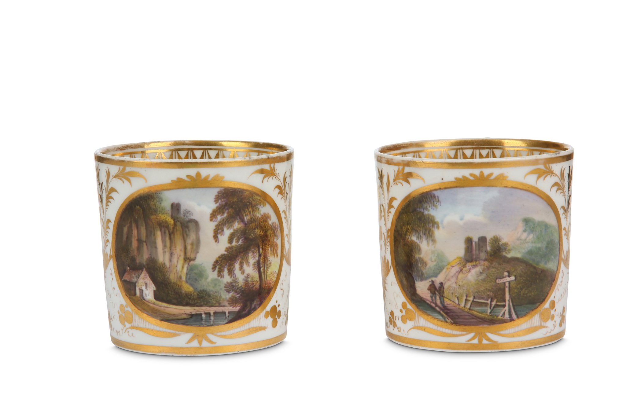 A FINE PAIR OF DERBY PORCELAIN 'NAMED VIEW' COFFEE CANS, circa 1810, both finely painted with