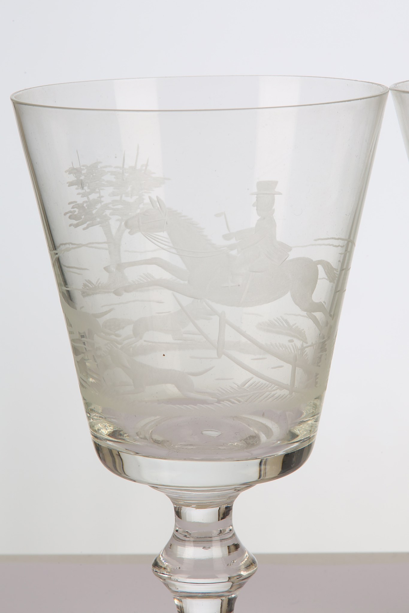 A SET OF SIX ENGRAVED GLASS HUNTING GOBLETS, early 20th Century, each rummer with a flared bucket - Image 2 of 4