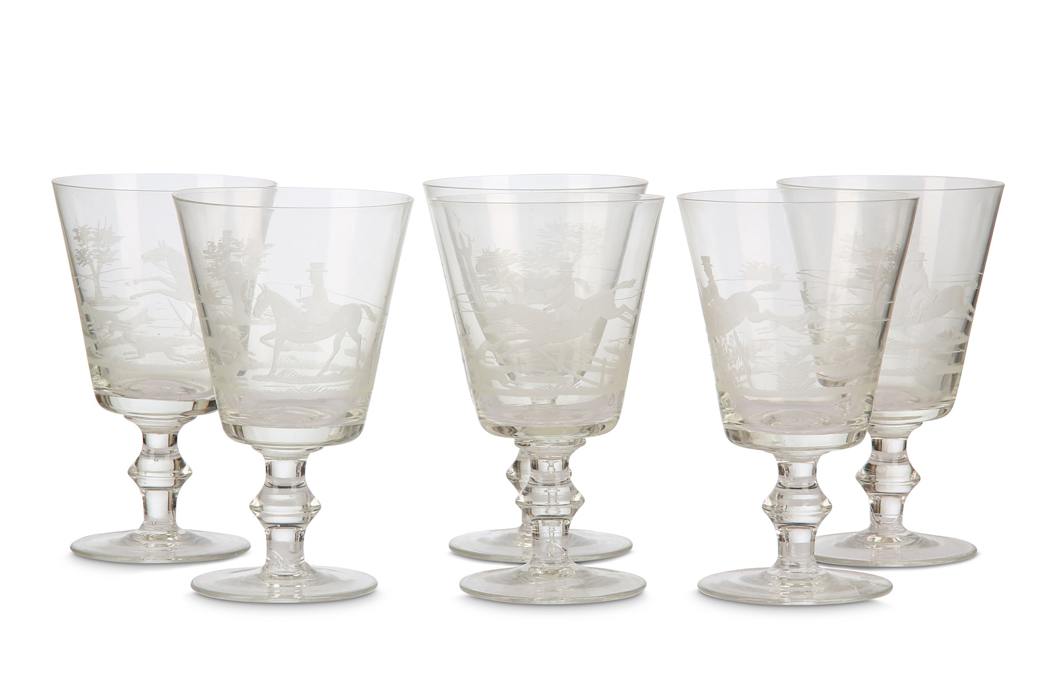 A SET OF SIX ENGRAVED GLASS HUNTING GOBLETS, early 20th Century, each rummer with a flared bucket
