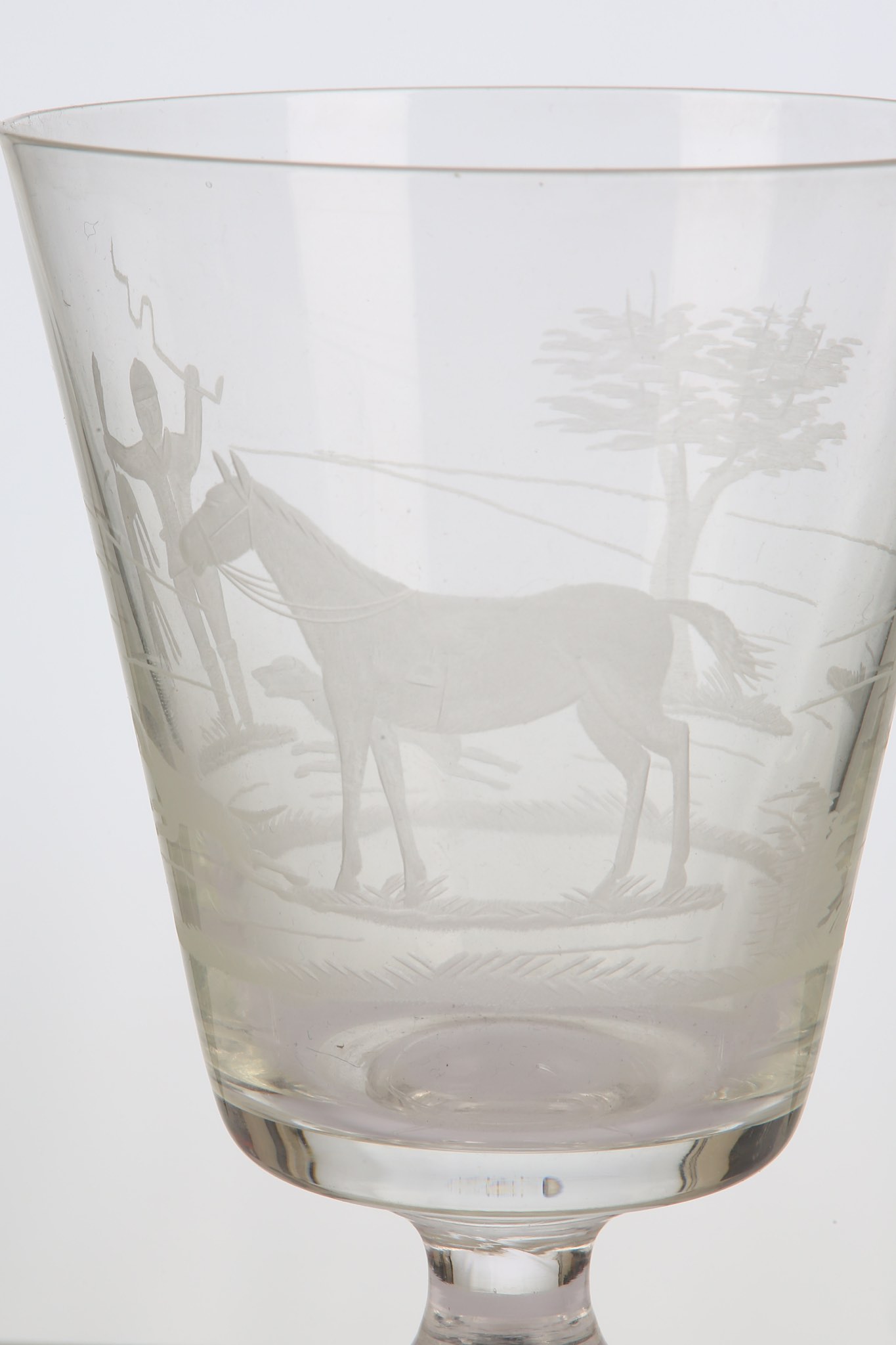 A SET OF SIX ENGRAVED GLASS HUNTING GOBLETS, early 20th Century, each rummer with a flared bucket - Image 3 of 4